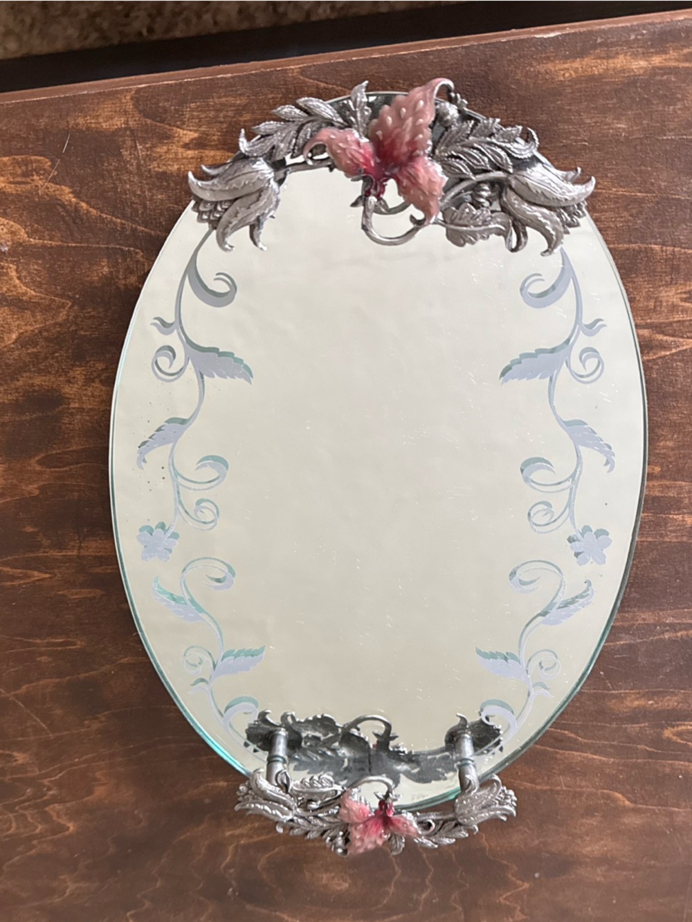 Antique Wall Mirror or Perfume Vanity Tray lilly etched rare MCM  Art Deco Oval